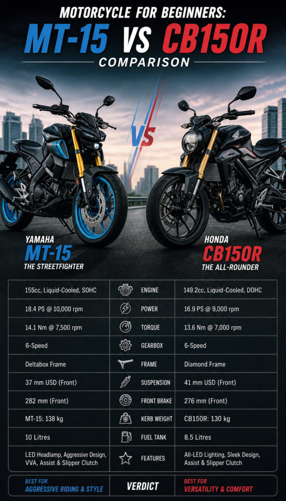Motorcycle for Beginners: MT-15 vs Honda CB150R Comparison
