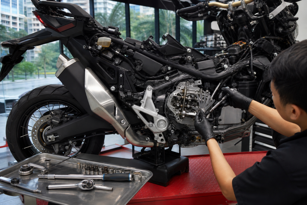 Honda XADV 750 Valve Clearance inspection in a Singapore motorcycle workshop