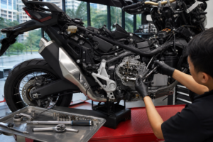 Honda XADV 750 Valve Clearance inspection in a Singapore motorcycle workshop